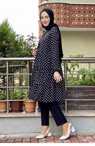 Puantiyeli Tunik Siyah Ekru