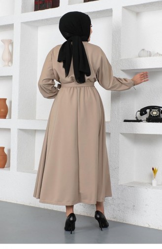 Beli Büzgülü Kemerli Elbise Vizon
