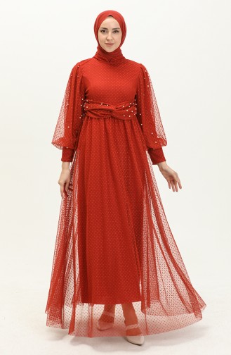 Brick Red Hijab Evening Dress 14360
