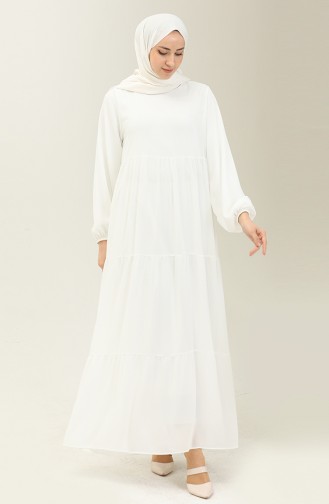 Kol Ucu Lastikli Şifon Elbise 24Y8961-04 Beyaz