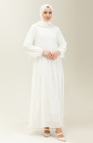 Kol Ucu Lastikli Şifon Elbise 24Y8961-04 Beyaz