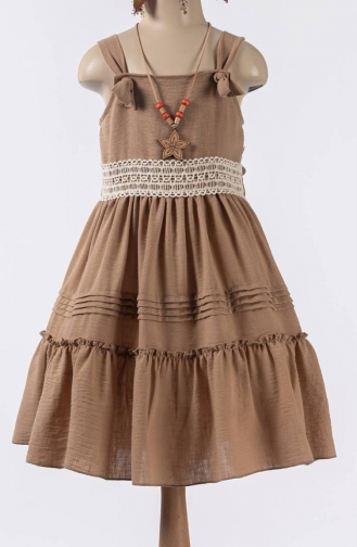 Askılı Dantel Motifli Kız Çocuk Elbisesi TVD2488ASKL-04 Kahverengi