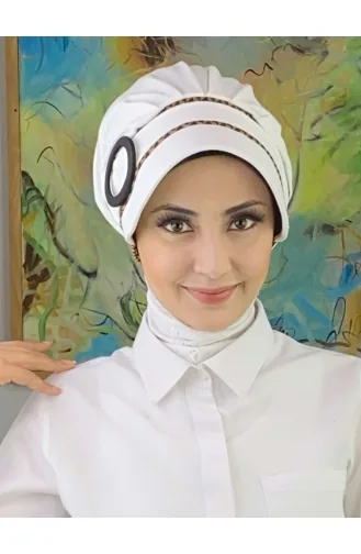 Nazlı Model Buckle Large Milk Brown Houndstooth Hijab Hat SBT26SPK27-10 White Brown 26SPK27-10