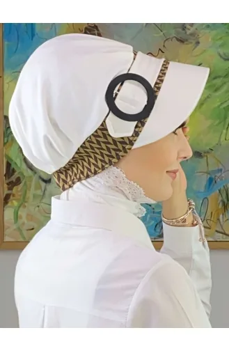 Nazlı Model Buckle Large Milk Brown Houndstooth Hijab Hat SBT26SPK27-10 White Brown 26SPK27-10