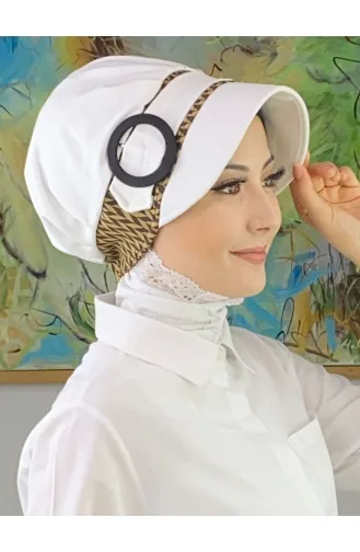 Nazlı Model Buckle Large Milk Brown Houndstooth Hijab Hat SBT26SPK27-10 White Brown 26SPK27-10