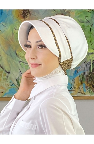 Nazlı Modèle Boucle Grand Lait Marron Pied De Poule Hijab Chapeau SBT26SPK27-10 Blanc Marron 26SPK27-10
