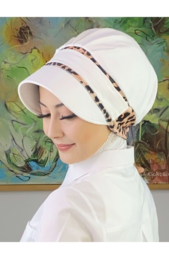 Nazlı Model Buckle Large Milk Brown Houndstooth Hijab Hat SBT26SPK27-11 White Dark Brown 26SPK27-11