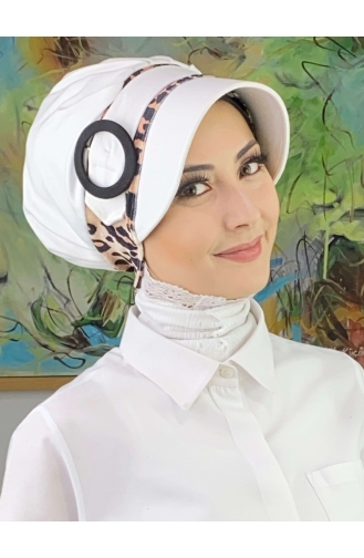 Nazlı Model Buckle Large Milk Brown Houndstooth Hijab Hat SBT26SPK27-11 White Dark Brown 26SPK27-11
