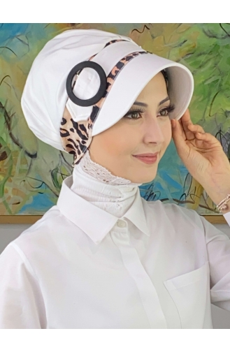 Nazlı Model Buckle Large Milk Brown Houndstooth Hijab Hat SBT26SPK27-11 White Dark Brown 26SPK27-11