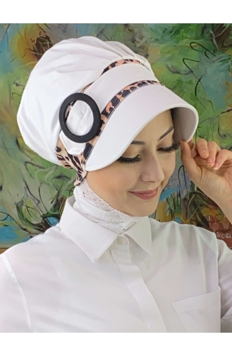 Nazlı Model Buckle Large Milk Brown Houndstooth Hijab Hat SBT26SPK27-11 White Dark Brown 26SPK27-11