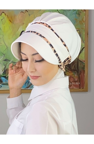 Nazlı Model Buckle Large Milk Brown Houndstooth Hijab Hat SBT26SPK27-11 White Dark Brown 26SPK27-11