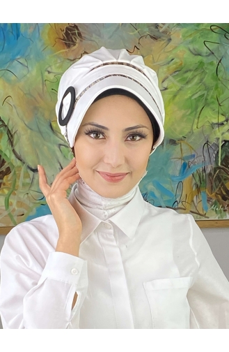 Nazlı Model Gesp Grote Melkbruine Trui Hijab Hoed SBT26SPK27-12 Wit Zwart 26SPK27-12