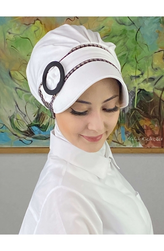 Nazlı Modèle Boucle Grand Marron Laiteux Pied De Poule Hijab Chapeau SBT26SPK27-01 Blanc Marron Laiteux 26SPK27-01