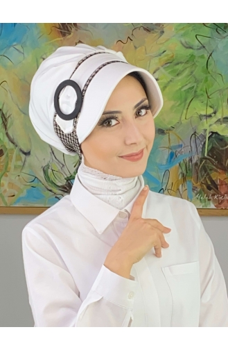 Nazlı Model Buckle Large Milky Brown Houndstooth Hijab Hat SBT26SPK27-01 White Milky Brown 26SPK27-01