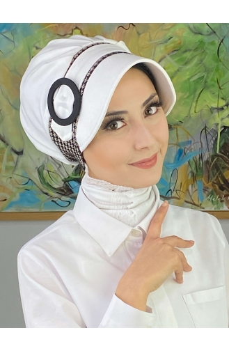 Nazlı Model Buckle Large Milky Brown Houndstooth Hijab Hat SBT26SPK27-01 White Milky Brown 26SPK27-01