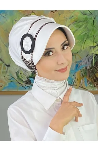 Nazlı Model Buckle Large Milky Brown Houndstooth Hijab Hat SBT26SPK27-01 White Milky Brown 26SPK27-01