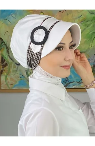 Nazlı Model Buckle Large Milky Brown Houndstooth Hijab Hat SBT26SPK27-01 White Milky Brown 26SPK27-01