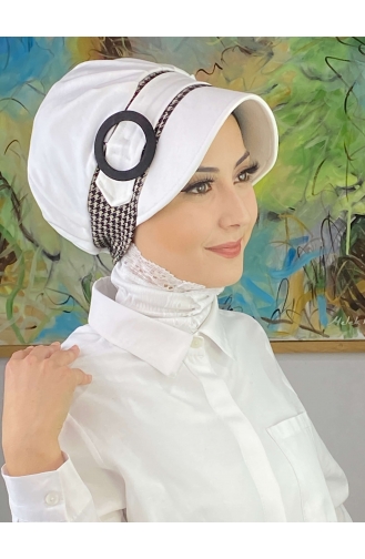 Nazlı Model Buckle Large Milky Brown Houndstooth Hijab Hat SBT26SPK27-01 White Milky Brown 26SPK27-01
