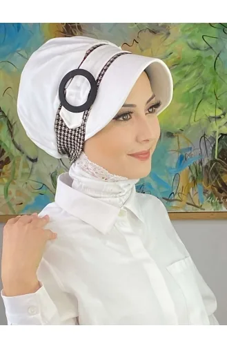 Nazlı Model Buckle Large Milky Brown Houndstooth Hijab Hat SBT26SPK27-01 White Milky Brown 26SPK27-01