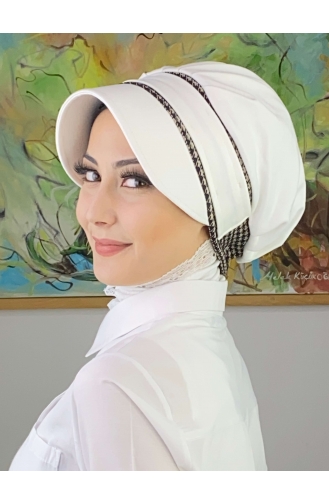 Nazlı Model Buckle Large Milky Brown Houndstooth Hijab Hat SBT26SPK27-01 White Milky Brown 26SPK27-01