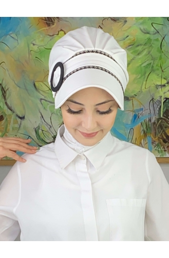 Nazlı Model Buckle Large Milky Brown Houndstooth Hijab Hat SBT26SPK27-01 White Milky Brown 26SPK27-01