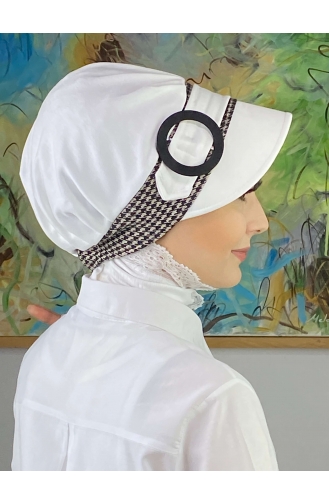 Nazlı Model Buckle Large Milky Brown Houndstooth Hijab Hat SBT26SPK27-01 White Milky Brown 26SPK27-01
