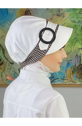 Nazlı Model Buckle Large Milky Brown Houndstooth Hijab Hat SBT26SPK27-01 White Milky Brown 26SPK27-01