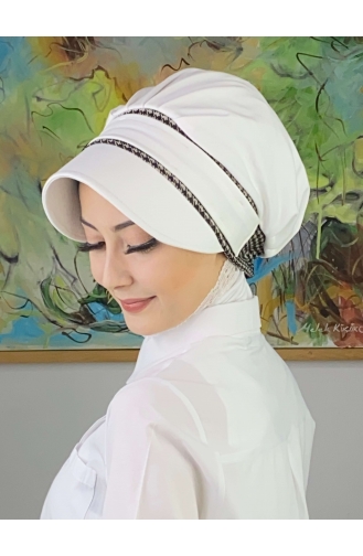 Nazlı Model Buckle Large Milky Brown Houndstooth Hijab Hat SBT26SPK27-01 White Milky Brown 26SPK27-01