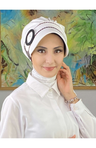 Nazlı Modèle Boucle Grand Marron Laiteux Pied De Poule Hijab Chapeau SBT26SPK27-01 Blanc Marron Laiteux 26SPK27-01