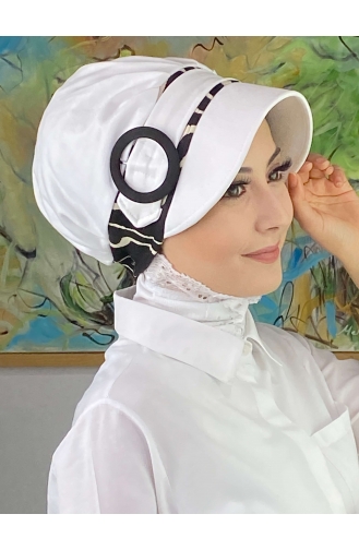 Nazlı Model Gesp Grote Melkbruine Zwanenhals Hijab Hoed SBT26SPK27-02 Wit Zwart 26SPK27-02