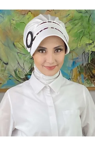Nazlı Model Tokalı İri Sütlü Kahve Kazayaklı Tesettür Şapka SBT26SPK27-02 Beyaz Siyah