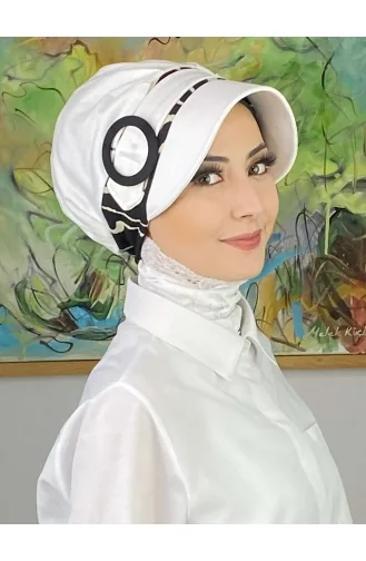 Nazlı Model Tokalı İri Sütlü Kahve Kazayaklı Tesettür Şapka SBT26SPK27-02 Beyaz Siyah