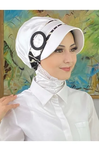 Nazlı Model Tokalı İri Sütlü Kahve Kazayaklı Tesettür Şapka SBT26SPK27-02 Beyaz Siyah
