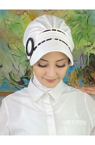 Nazlı Model Gesp Grote Melkbruine Zwanenhals Hijab Hoed SBT26SPK27-02 Wit Zwart 26SPK27-02