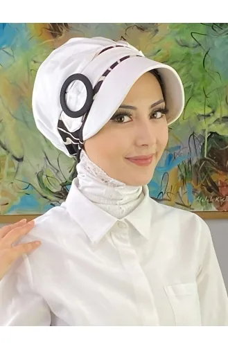 Nazlı Model Tokalı İri Sütlü Kahve Kazayaklı Tesettür Şapka SBT26SPK27-02 Beyaz Siyah