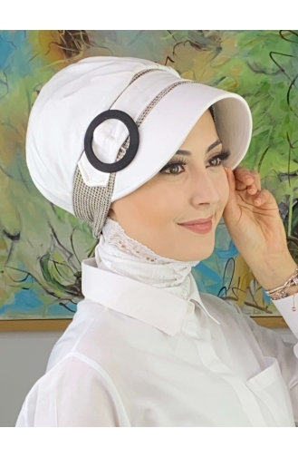 Nazlı Model Buckle Large Milk Brown Houndstooth Hijab Hat SBT26SPK27-03 White Camel 26SPK27-03