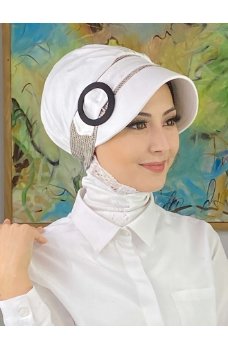Nazlı Model Buckle Large Milk Brown Houndstooth Hijab Hat SBT26SPK27-03 White Camel 26SPK27-03