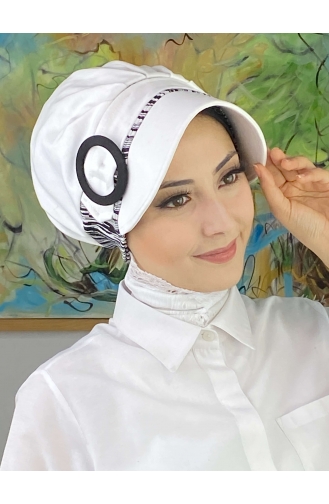 Nazlı Model Gesp Grote Melkbruine Trui Hijab Hoed SBT26SPK27-06 Wit Zwart 26SPK27-06