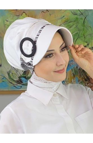 Nazlı Model Gesp Grote Melkbruine Trui Hijab Hoed SBT26SPK27-06 Wit Zwart 26SPK27-06