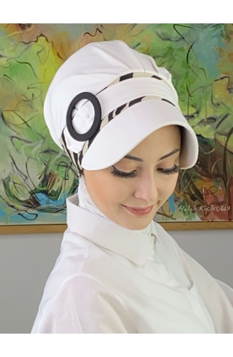 Nazlı Model Buckle Large Milk Brown Pullover Hijab Hat SBT26SPK27-07 White Black 26SPK27-07