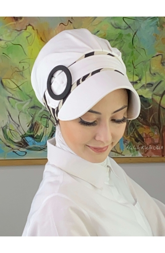 Nazlı Model Buckle Large Milk Brown Pullover Hijab Hat SBT26SPK27-07 White Black 26SPK27-07