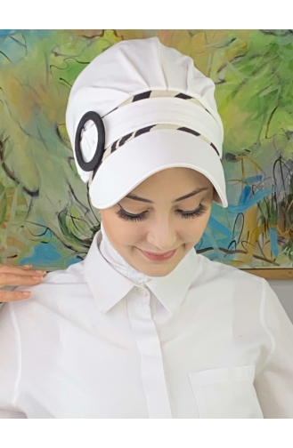 Nazlı Model Gesp Grote Melkbruine Trui Hijab Hoed SBT26SPK27-07 Wit Zwart 26SPK27-07