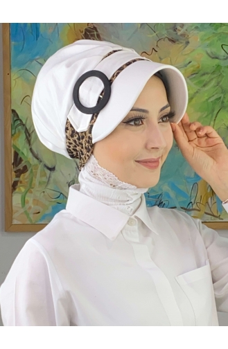 Nazlı Model Buckle Large Milk Brown Houndstooth Hijab Hat SBT26SPK27-08 White Brown 26SPK27-08