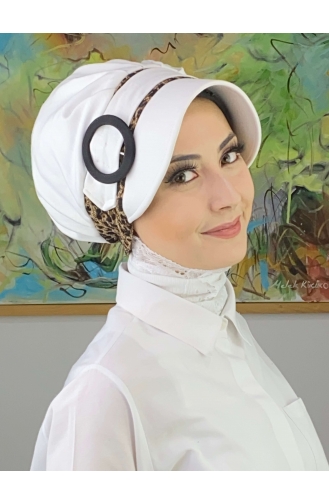 Nazlı Model Buckle Large Milk Brown Houndstooth Hijab Hat SBT26SPK27-08 White Brown 26SPK27-08