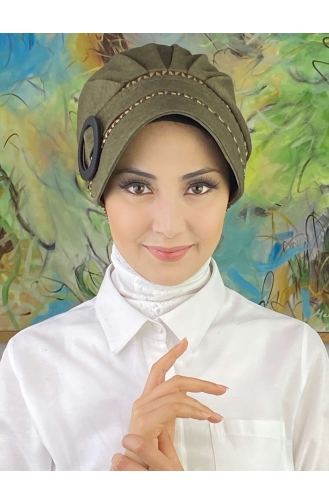 Nazlı Modèle Boucle Pied-de-poule Hijab Chapeau SBT26SPK16-10 Kaki Foncé 26SPK16-10