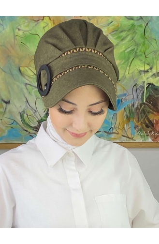Nazlı Modèle Boucle Pied-de-poule Hijab Chapeau SBT26SPK16-10 Kaki Foncé 26SPK16-10