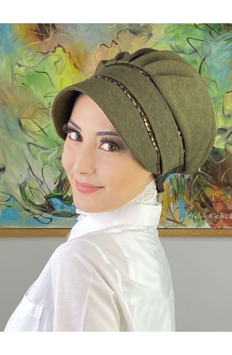 Nazlı Model Buckle Houndstooth Hijab Hat SBT26SPK16-11 Dark Khaki 26SPK16-11