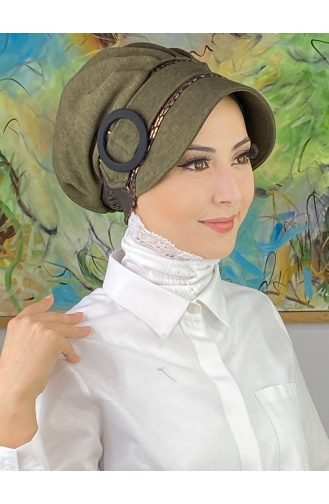 Nazlı Model Buckle Houndstooth Hijab Hat SBT26SPK16-11 Dark Khaki 26SPK16-11
