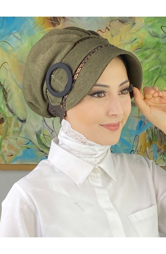 Nazlı Model Buckle Houndstooth Hijab Hat SBT26SPK16-11 Dark Khaki 26SPK16-11