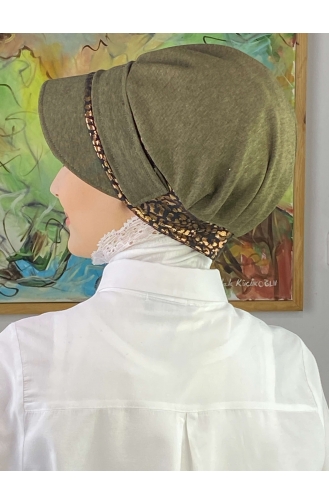 Nazlı Model Buckle Houndstooth Hijab Hat SBT26SPK16-11 Dark Khaki 26SPK16-11